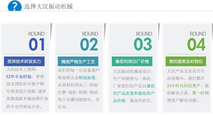 大漢振動篩優(yōu)勢:1,自身技術研發(fā)實力。2,精細嚴格生產(chǎn)工藝。3,產(chǎn)品性交比高。4,售后服務到位。