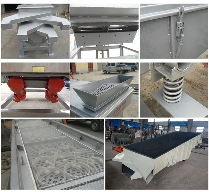 多層直線振動篩由進料口,底座,振動電機,篩網,篩框,彈簧,出料口等組成。