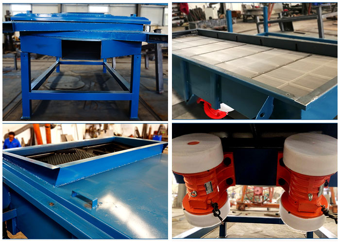 方形振動篩出料口，篩網和網架，進料口，振動電機等細節展示。