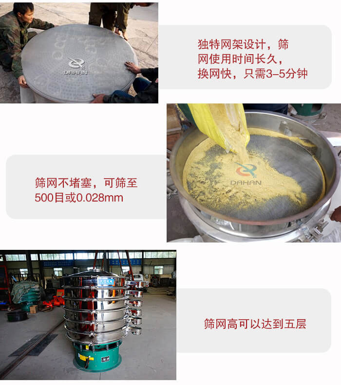 三次元振動篩的特點：篩網使用時間長換讓時間短，篩網不堵塞，可篩至500目或0.028mm。