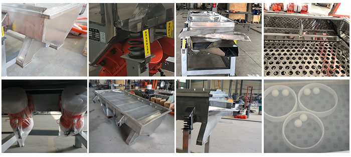 不銹鋼直線篩不同定制出料口，電機，篩網，篩箱，彈跳球等部件細節展示