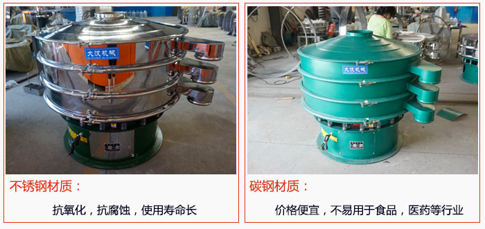 800型振動篩有不銹鋼和碳鋼兩種材質,不銹鋼材質:抗氧化,抗腐蝕,使用壽命長 碳鋼材質:價格便宜,不易篩分食品,化工,醫藥等行業的物料。