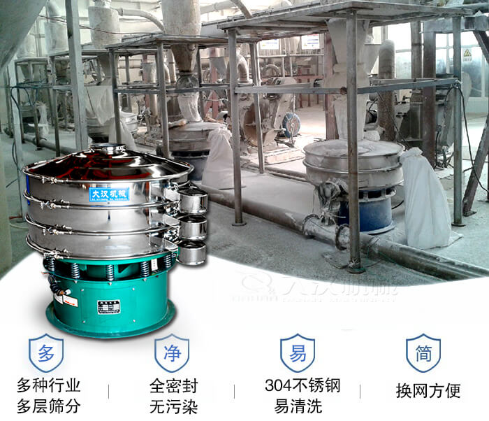 多種行業多層篩分采用全密封結構，無污染。304不銹鋼材質易清洗。同時換網方便。