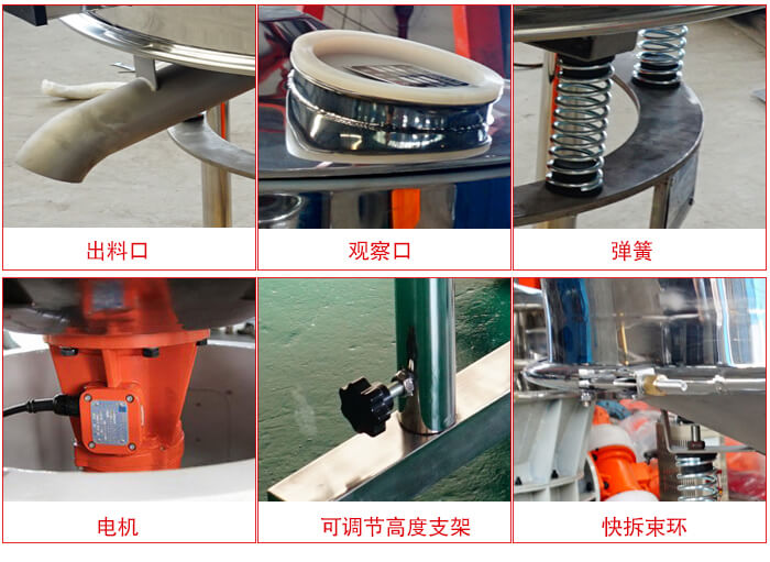 高頻篩細(xì)節(jié)展示：出料口，觀察口，彈簧，電機(jī)，可調(diào)節(jié)高度支架，快拆束環(huán)。